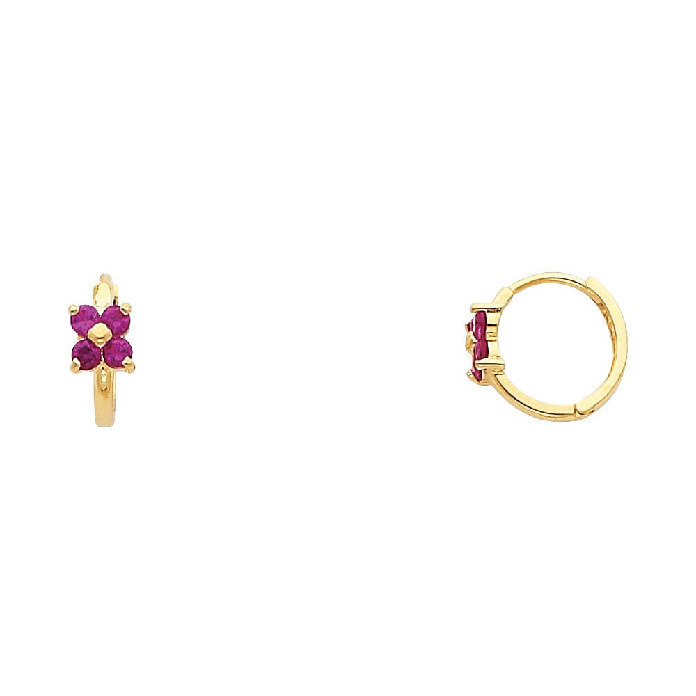 14K Gold Red Flower Huggie Earrings