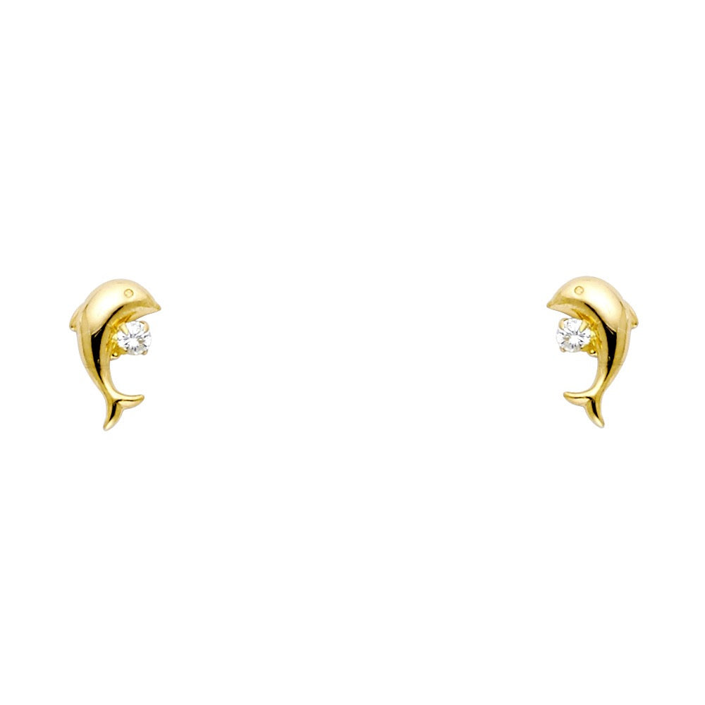 Gold Dolphin CZ Stud Earrings