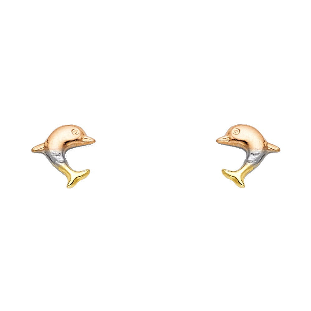 Tri-Color Gold Dolphin Stud Earrings