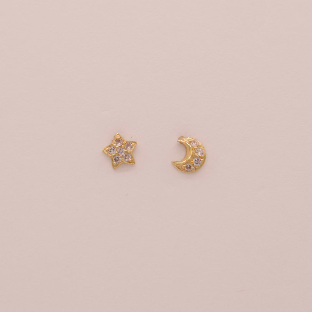 14K Celestial Star and Moon Stud Earrings